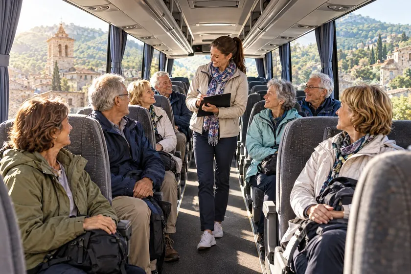 Guía pasando lista a los viajeros dentro del autocar antes de salir